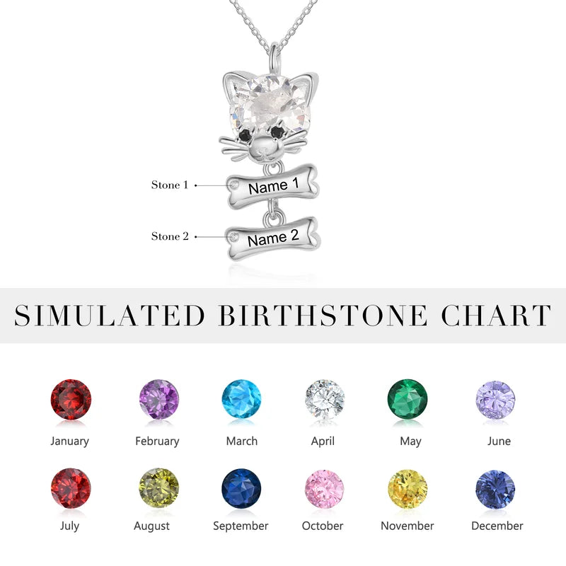 Mum Necklace with Children's Names | Cat and Bone Charms Birthstone Necklace for Mum