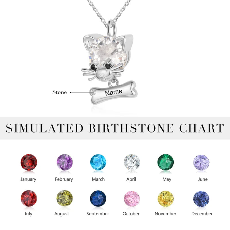 Mum Necklace with Children's Names | Cat and Bone Charms Birthstone Necklace for Mum