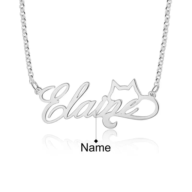 Personalised Name Necklace Cat Pendant, 925 Sterling Silver Name Necklace for Women, Custom Name Jewellery Gold/Silver/Rose Gold