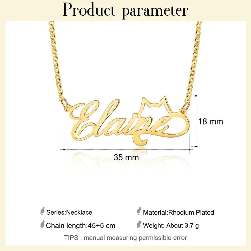 Personalised Name Necklace Cat Pendant, 925 Sterling Silver Name Necklace for Women, Custom Name Jewellery Gold/Silver/Rose Gold