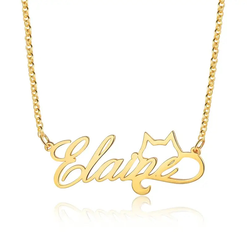 Personalised Name Necklace Cat Pendant, 925 Sterling Silver Name Necklace for Women, Custom Name Jewellery Gold/Silver/Rose Gold