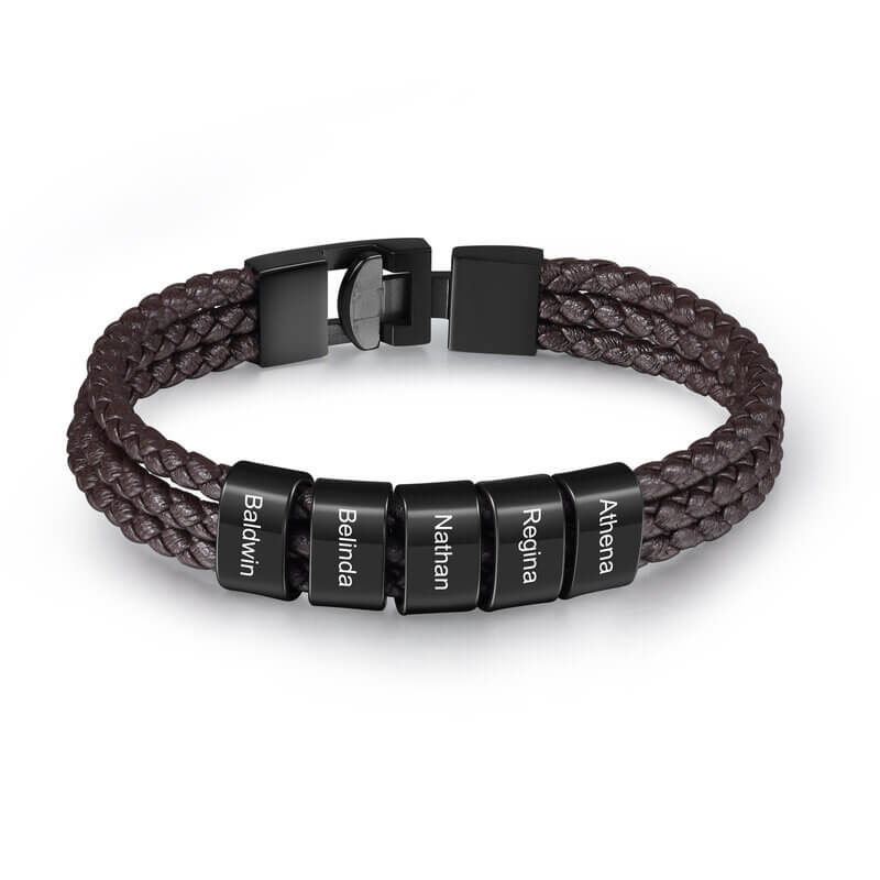 Men's Personalised Brown Leather Bracelet with Engraved Beads - 1-5 Names