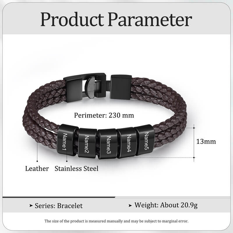 Men's Personalised Brown Leather Bracelet with Engraved Beads - 1-5 Names