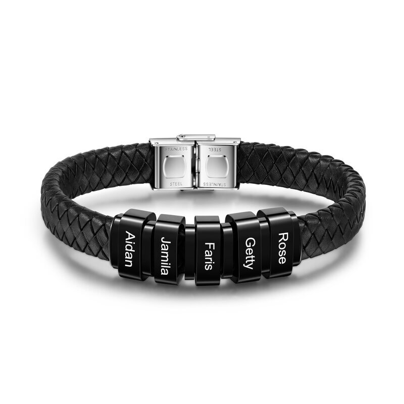 Men's Personalised Leather Beads Bracelet with Engraved 1-5 Names