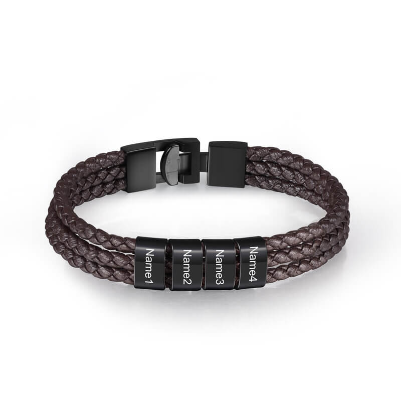 Men's Personalised Brown Leather Bracelet with Engraved Beads - 1-5 Names