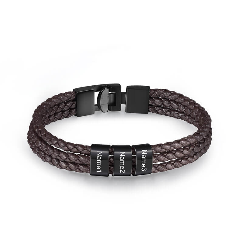 Men's Personalised Brown Leather Bracelet with Engraved Beads - 1-5 Names