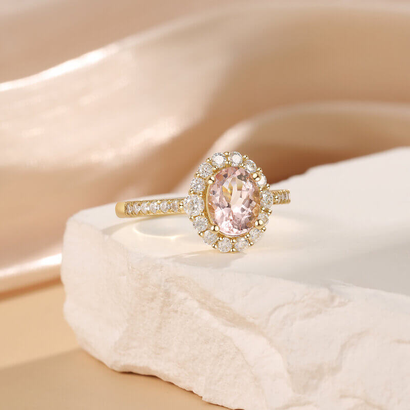 Oval Shaped Pink Morganite Engagement Ring with Moissanite 14/18k Yellow Gold