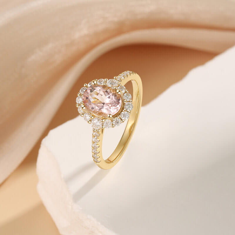 Oval Shaped Pink Morganite Engagement Ring with Moissanite 14/18k Yellow Gold