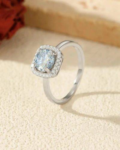 Sea Blue Moissanite Ring, 1 Carat VVS1 Classic Halo Design, 925 Sterling Silver Engagement Jewellery Gift for Her