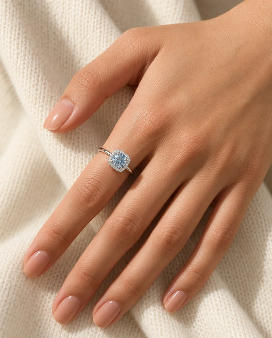 Sea Blue Moissanite Ring - worn on the hand