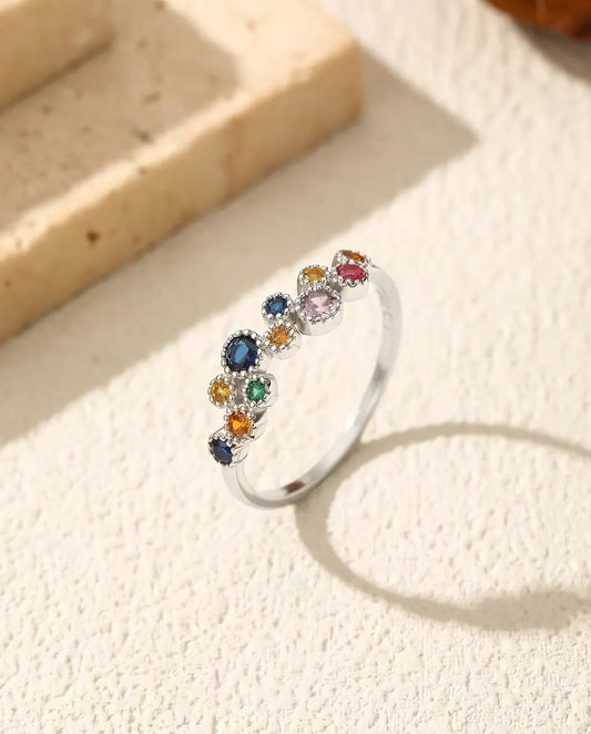 Colourful zirconia cluster ring with milgrain halos in 925 silver