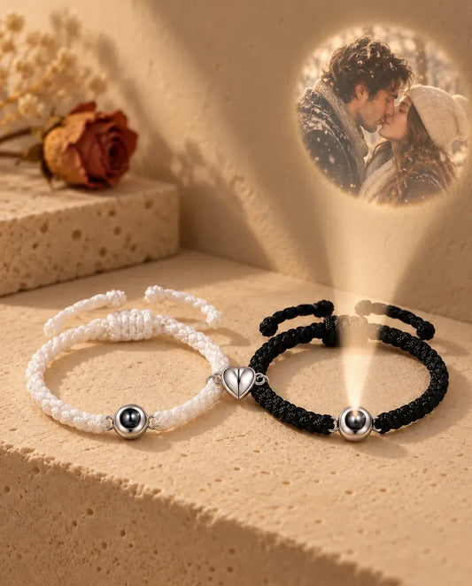 Matching Couple Bracelets Set of 2 with Photo Projection - projecting the hidden photo onto a wall