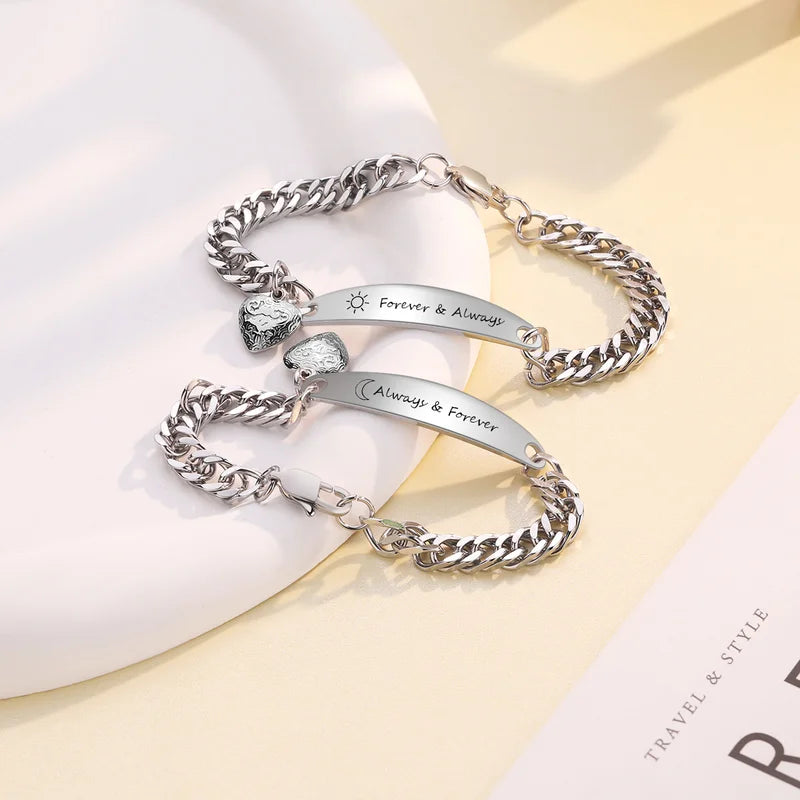 Couple Bracelets with Engraved Bar | Matching Bracelets with Heart Charm | His and Hers Bracelets | 2 Pieces