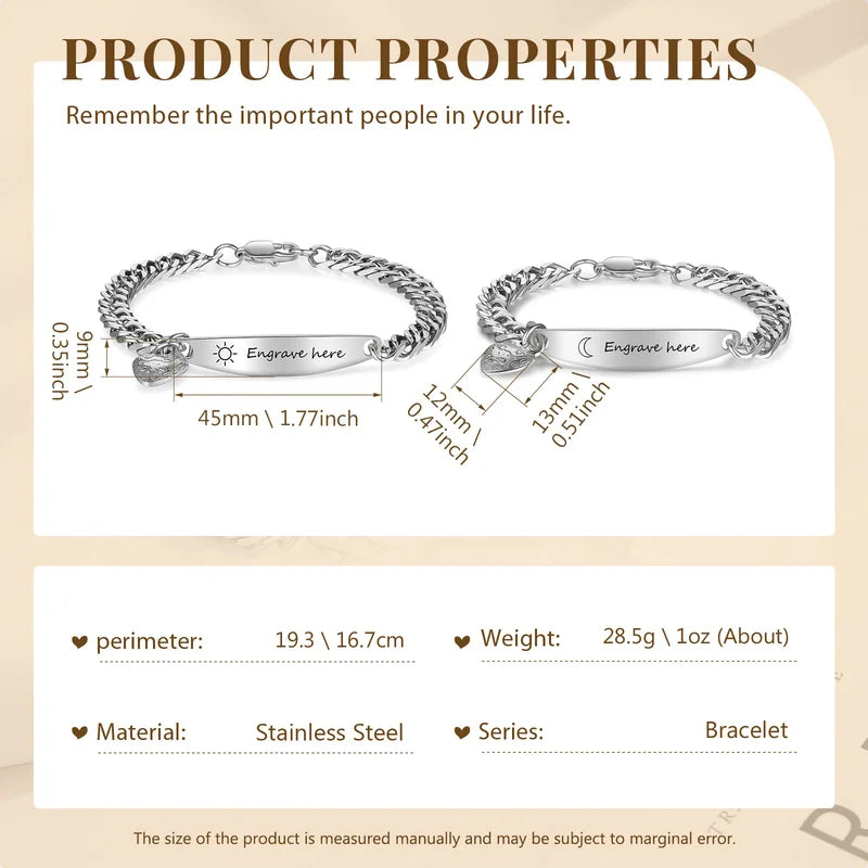 Couple Bracelets with Engraved Bar | Matching Bracelets with Heart Charm | His and Hers Bracelets | 2 Pieces