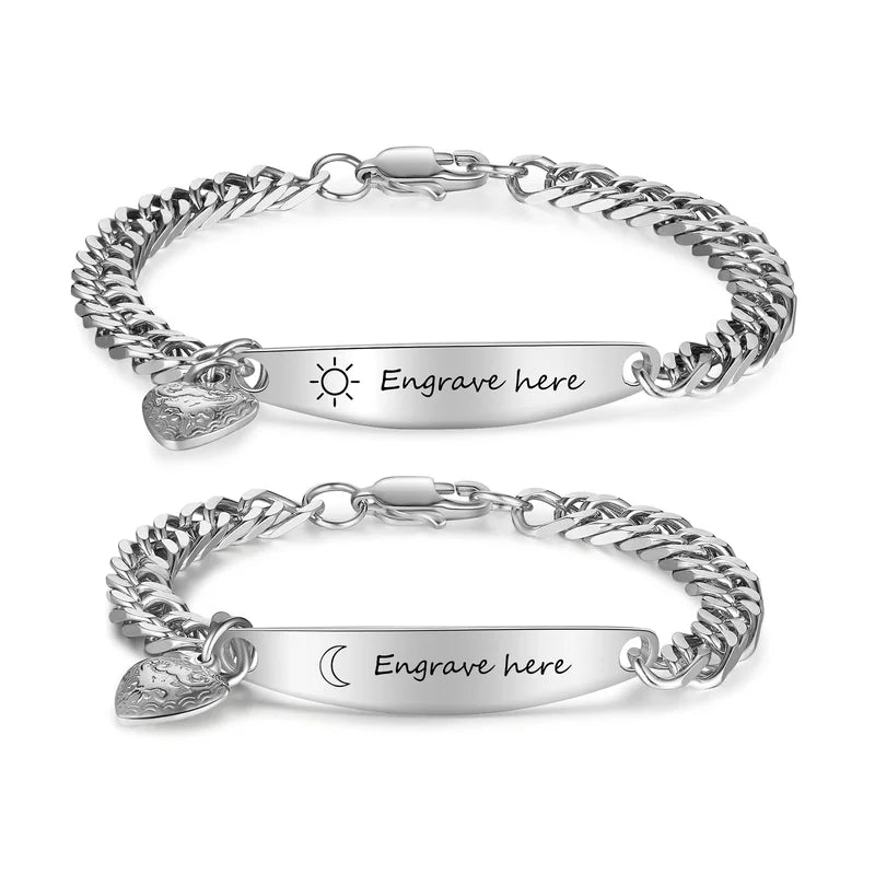 Couple Bracelets with Engraved Bar | Matching Bracelets with Heart Charm | His and Hers Bracelets | 2 Pieces