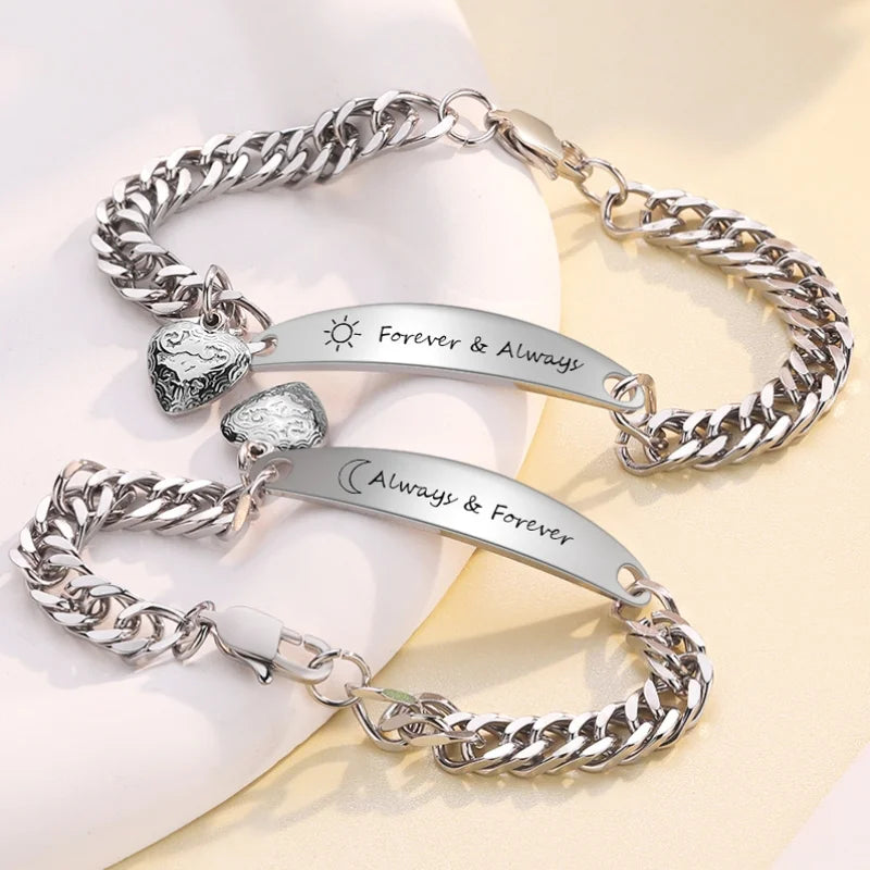 Couple Bracelets with Engraved Bar | Matching Bracelets with Heart Charm | His and Hers Bracelets | 2 Pieces