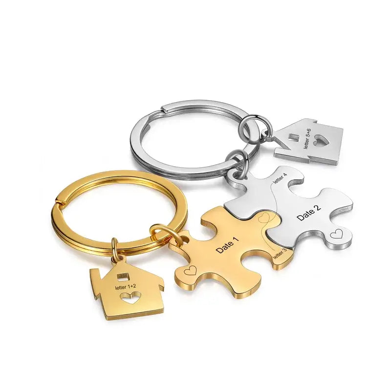 Personalised Engraved Couple's Puzzle Keyring – Silver/Rose/Yellow Gold/Black