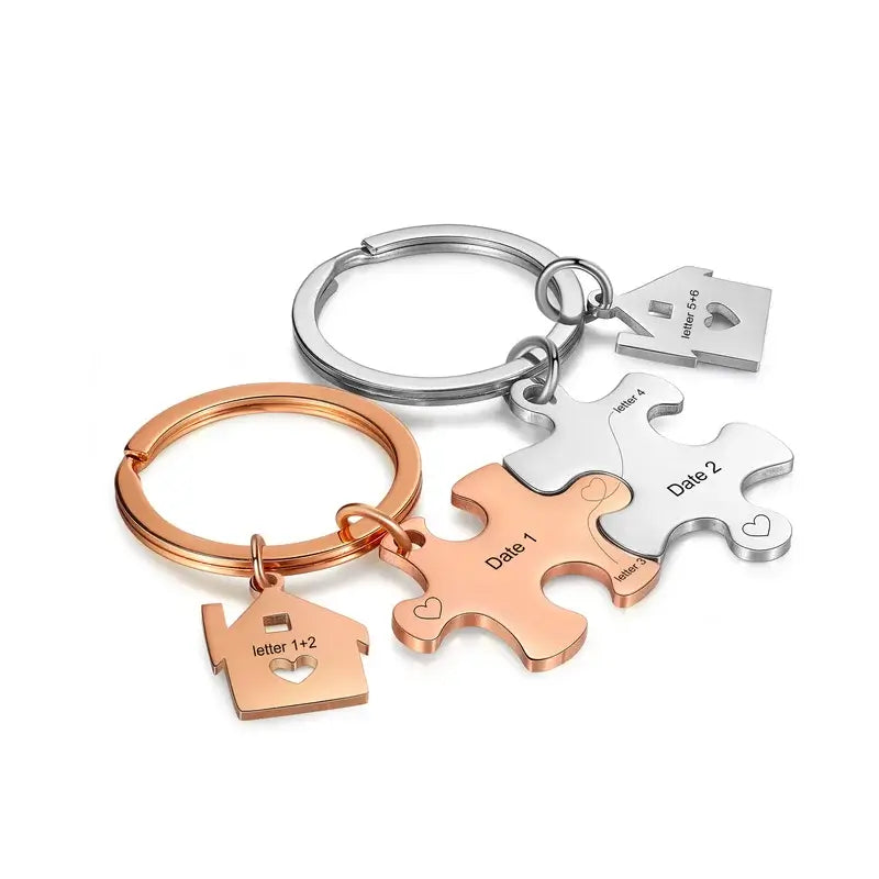 Personalised Engraved Couple's Puzzle Keyring – Silver/Rose/Yellow Gold/Black