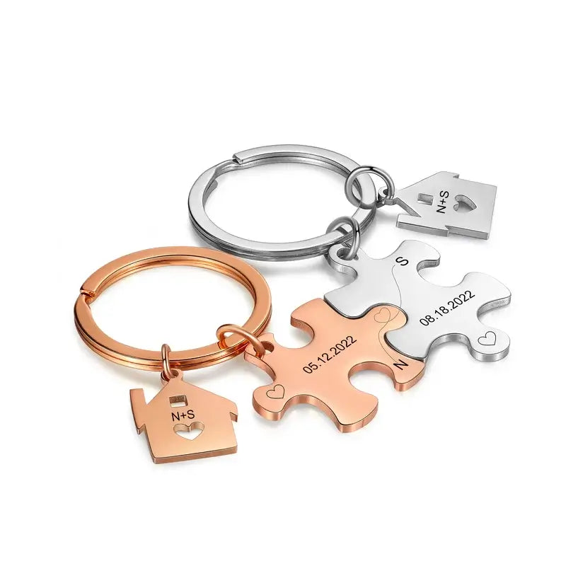 Personalised Engraved Couple's Puzzle Keyring – Silver/Rose/Yellow Gold/Black