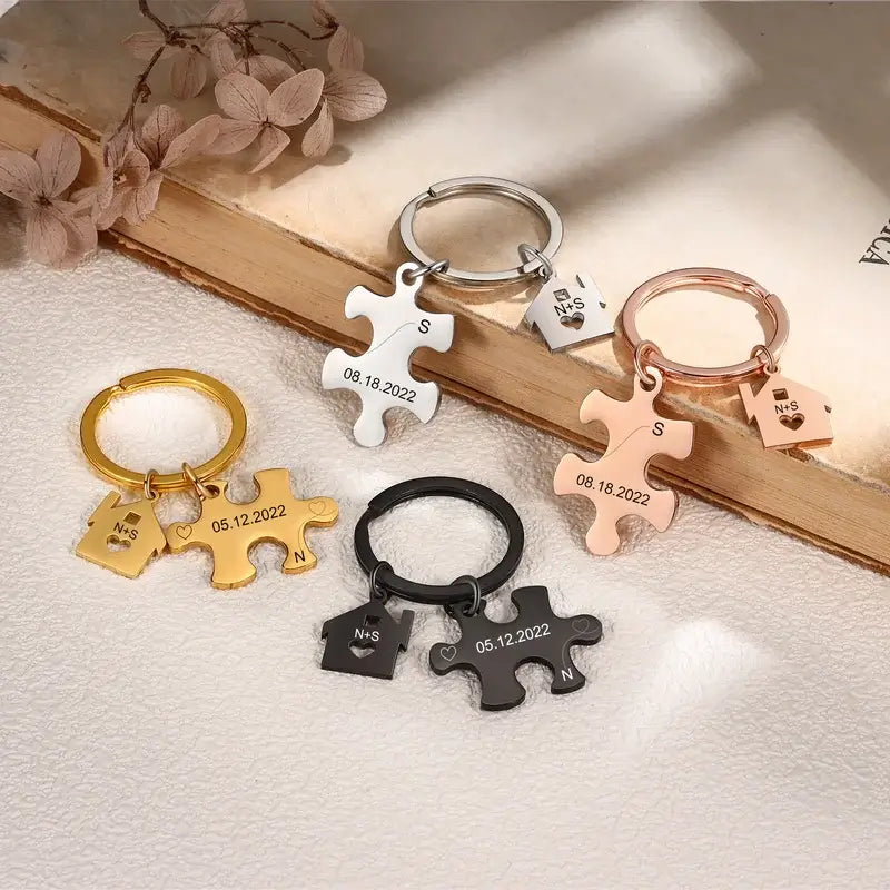 Personalised Engraved Couple's Puzzle Keyring – Silver/Rose/Yellow Gold/Black