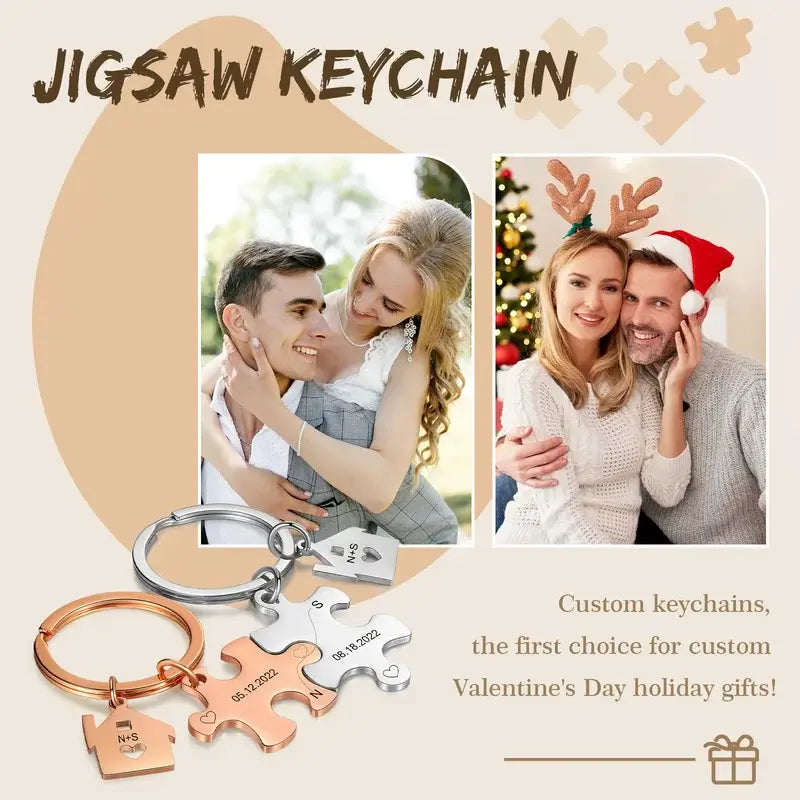 Personalised Engraved Couple's Puzzle Keyring – Silver/Rose/Yellow Gold/Black