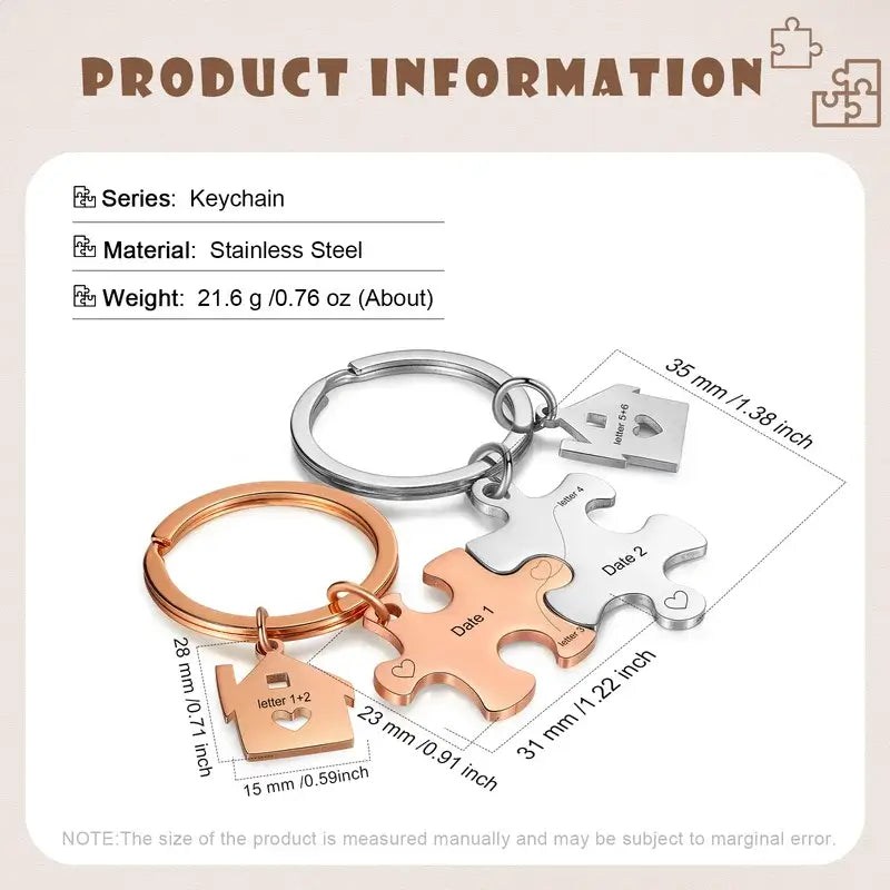 Personalised Engraved Couple's Puzzle Keyring – Silver/Rose/Yellow Gold/Black