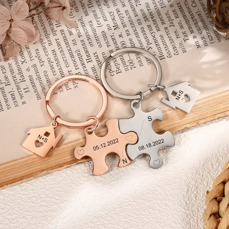 Personalised Engraved Couple's Puzzle Keyring – Silver/Rose/Yellow Gold/Black