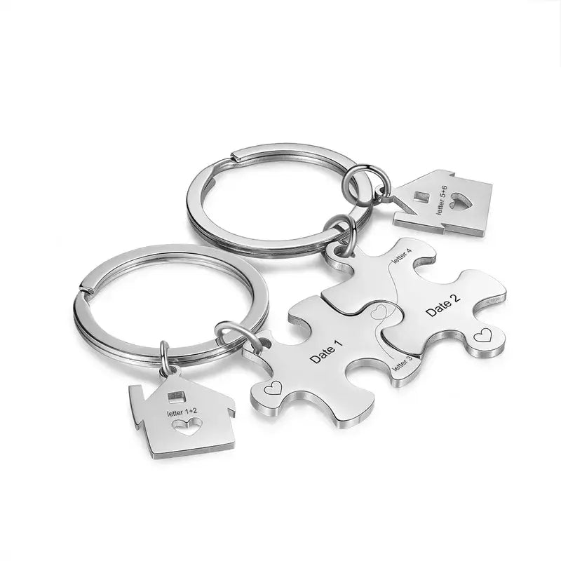 Personalised Engraved Couple's Puzzle Keyring – Silver/Rose/Yellow Gold/Black