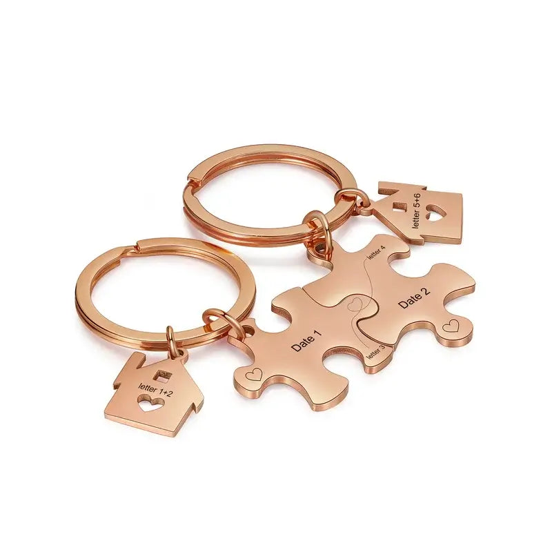 Personalised Engraved Couple's Puzzle Keyring – Silver/Rose/Yellow Gold/Black