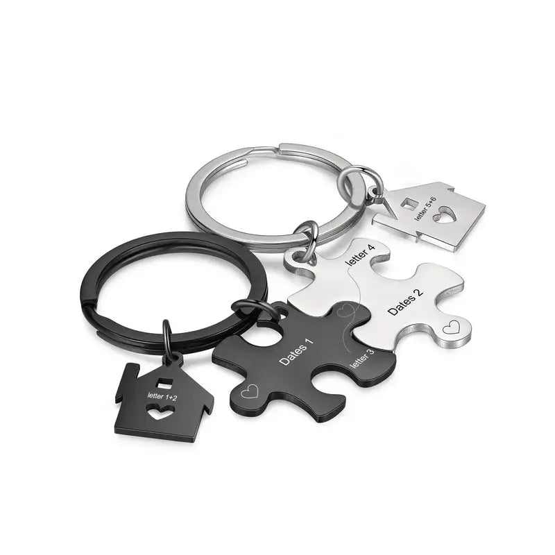 Personalised Engraved Couple's Puzzle Keyring – Silver/Rose/Yellow Gold/Black