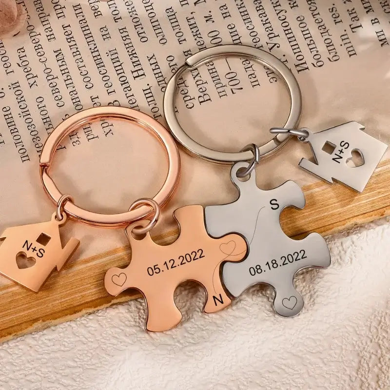 Personalised Engraved Couple's Puzzle Keyring – Silver/Rose/Yellow Gold/Black