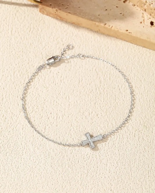 Cross moissanite bracelet, D colour pave cross charm, 925 sterling silver