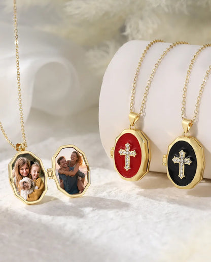 Cross photo locket necklace collection showing open locket and three enamel colours