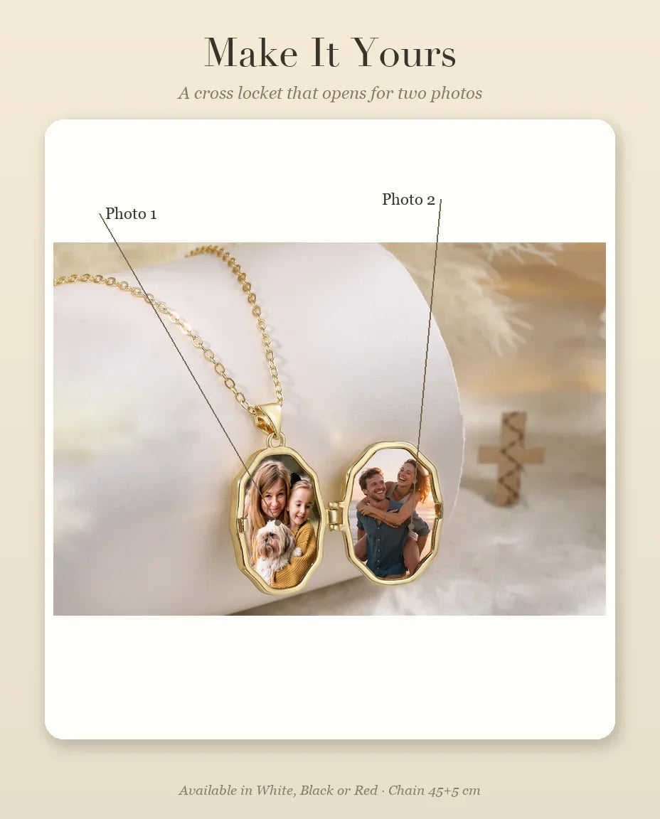 Personalisation guide showing Photo 1 and Photo 2 placement inside cross locket