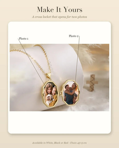Personalisation guide showing Photo 1 and Photo 2 placement inside cross locket