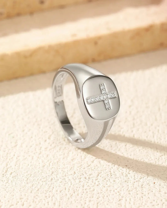 Moissanite cross signet ring in 925 sterling silver with pavé D colour stones