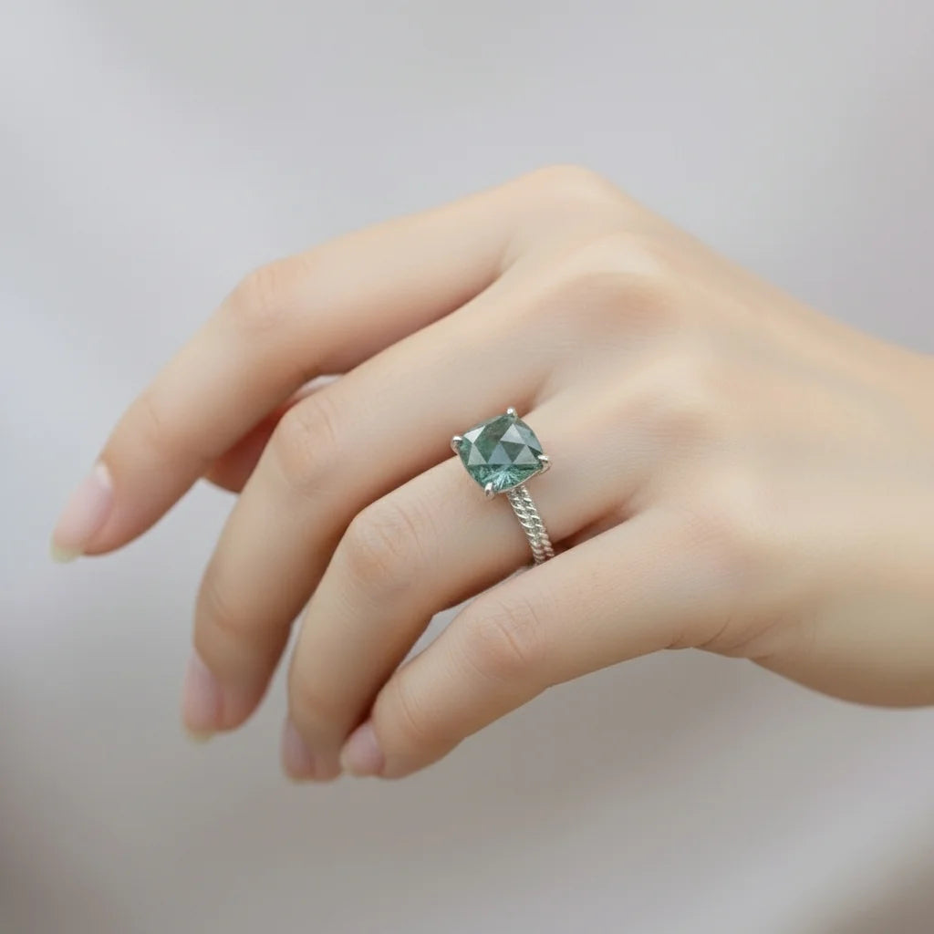 Cushion Cut Moss Agate Ring for Women 925 Sterling Silver