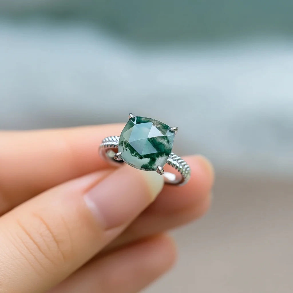 Cushion Cut Moss Agate Ring for Women 925 Sterling Silver