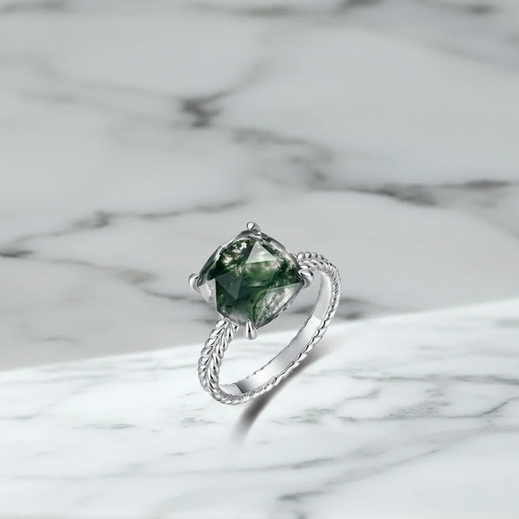 Cushion Cut Moss Agate Ring for Women 925 Sterling Silver