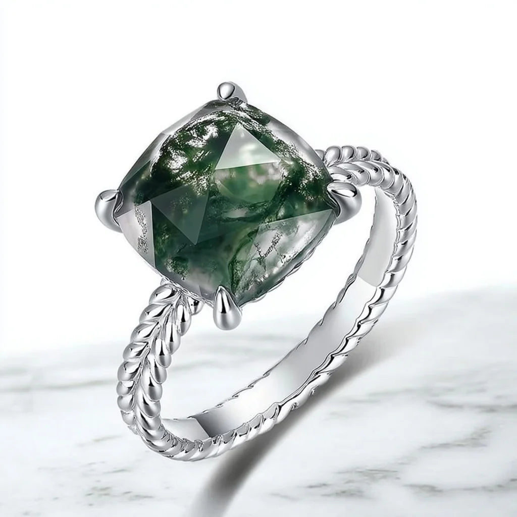 Cushion Cut Moss Agate Ring for Women 925 Sterling Silver
