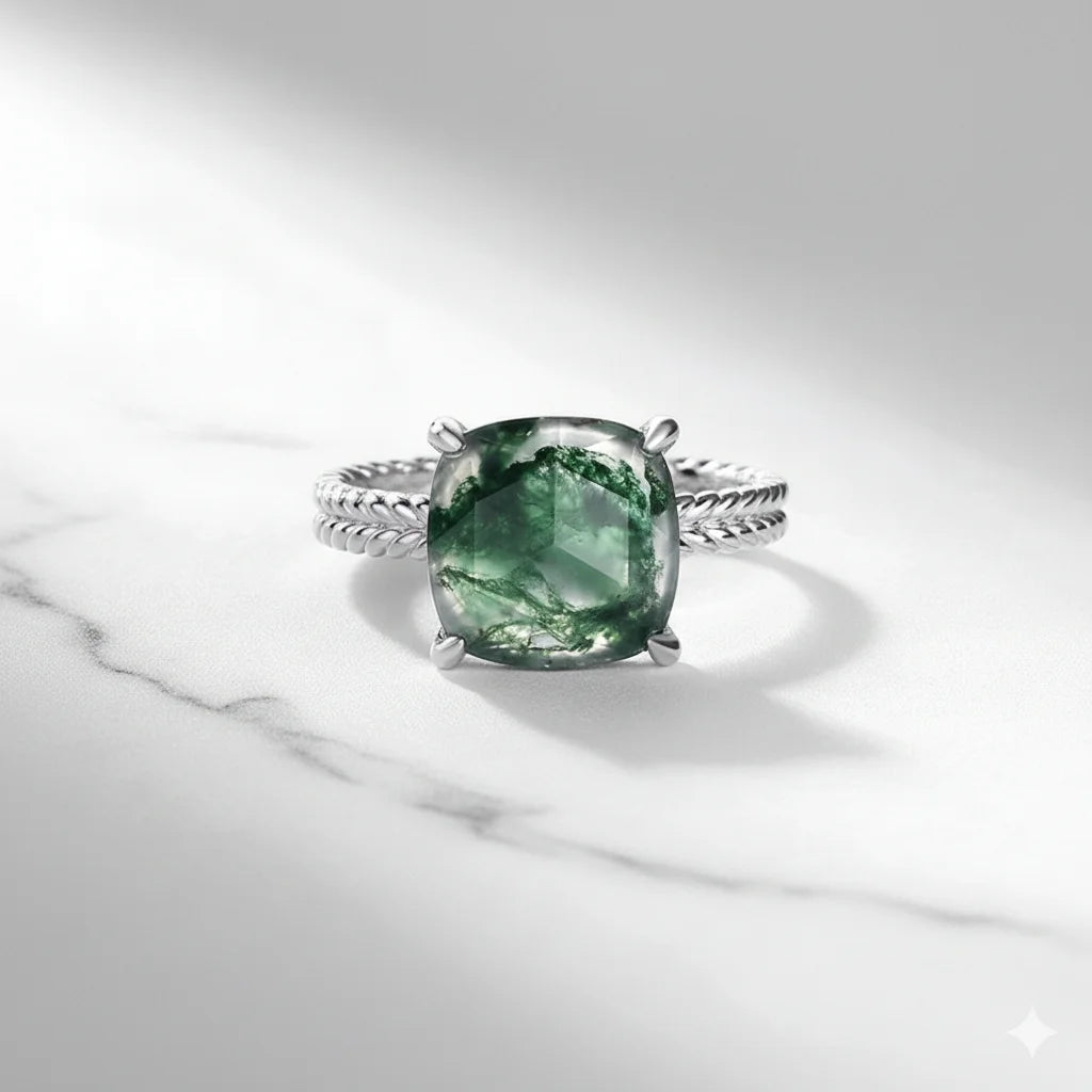 Cushion Cut Moss Agate Ring for Women 925 Sterling Silver