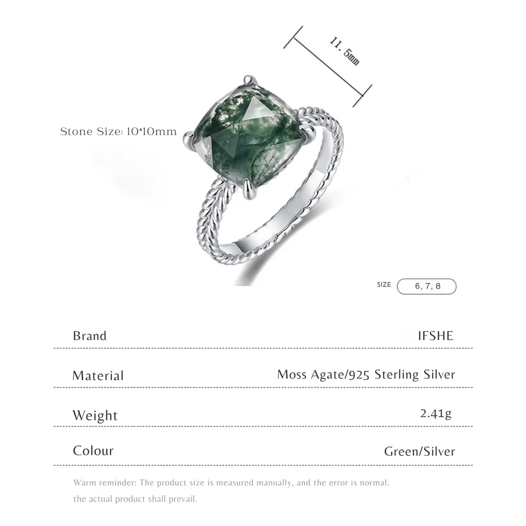 Cushion Cut Moss Agate Ring for Women 925 Sterling Silver