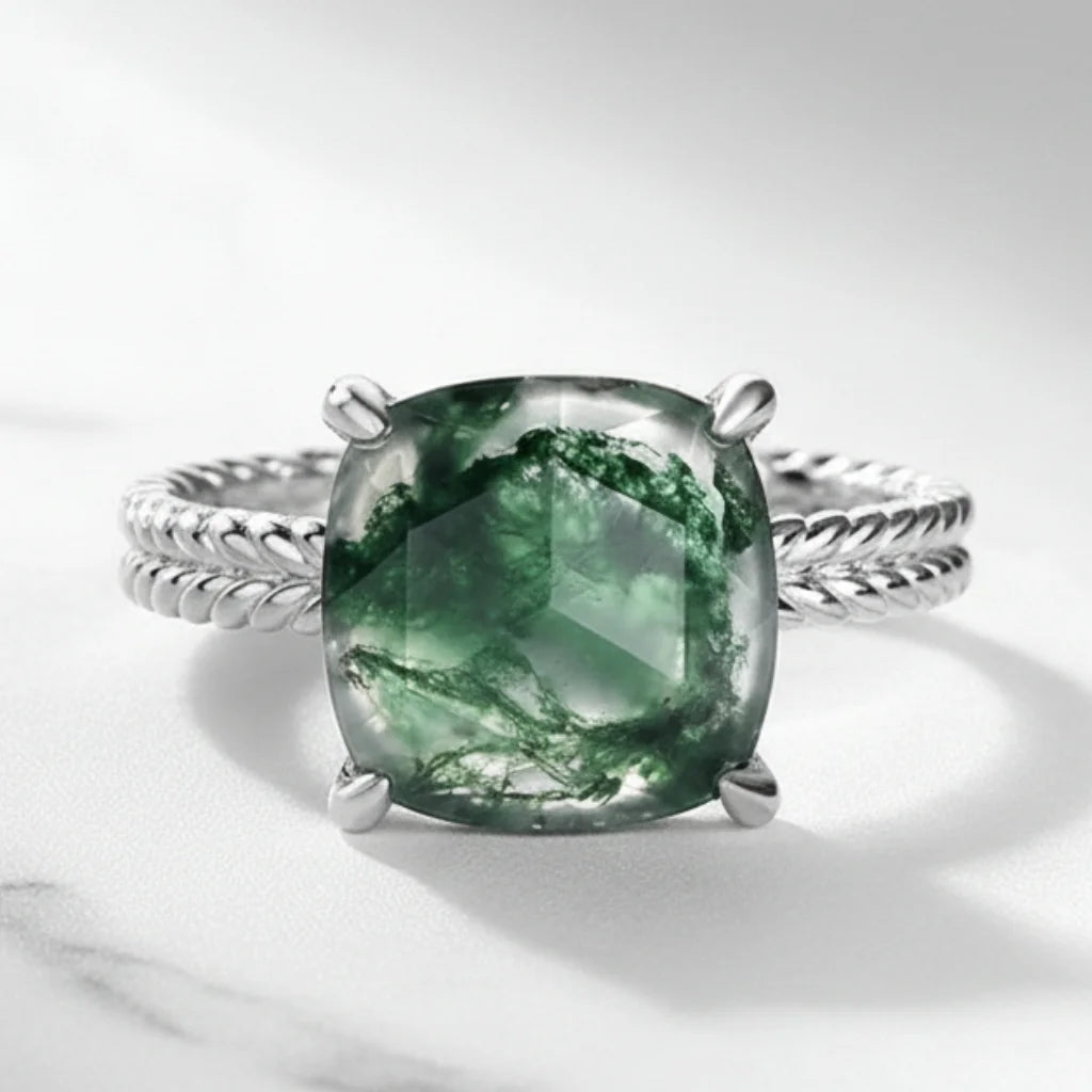 Cushion Cut Moss Agate Ring for Women 925 Sterling Silver