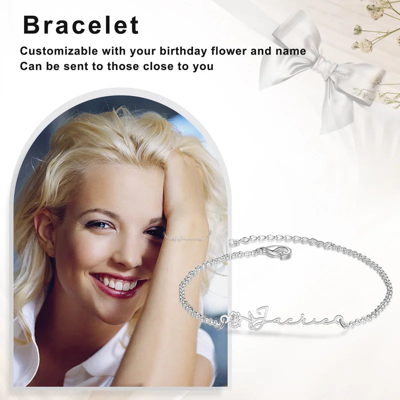 Birth Flower Name Bracelet, Custom Birth Flower Bracelet, Personalised Name Jewellery for Women