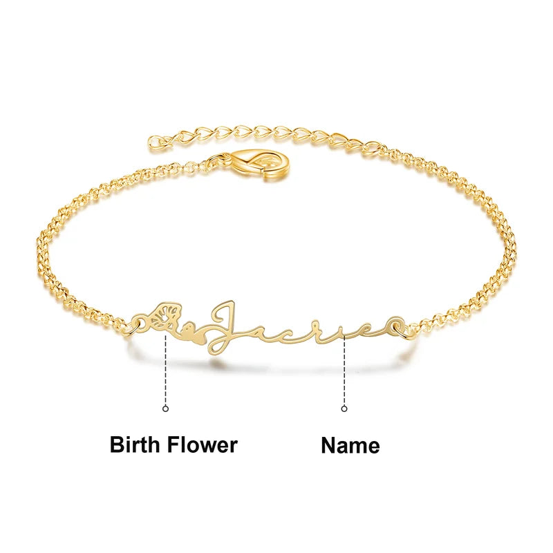Birth Flower Name Bracelet, Custom Birth Flower Bracelet, Personalised Name Jewellery for Women
