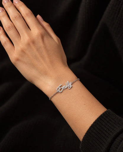 Sterling Silver Personalised Name Bracelet - worn on the wrist, close-up