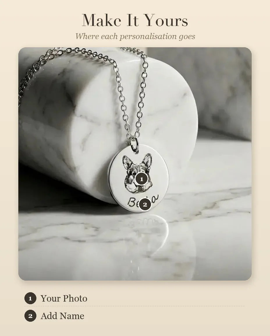 Custom Pet Portrait Necklace, Personalised Engraved Disc Pendant, Stai – personalisation guide