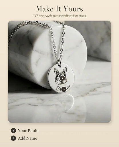 Custom Pet Portrait Necklace, Personalised Engraved Disc Pendant, Stai – personalisation guide