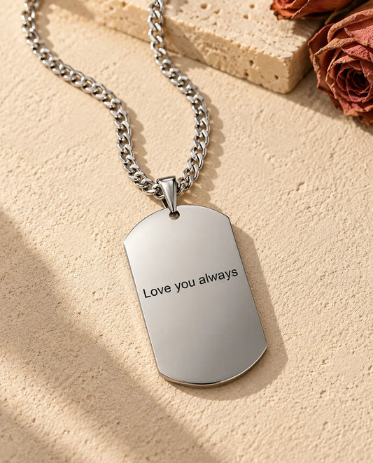 Back of the photo dog tag engraved with Love you always