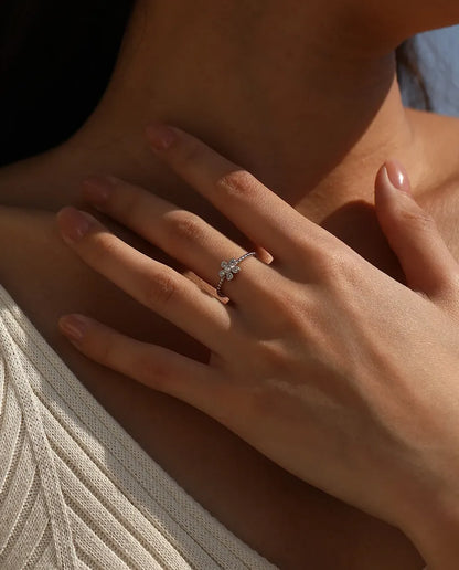 dainty flower moissanite ring in 925 sterling silver with beaded band